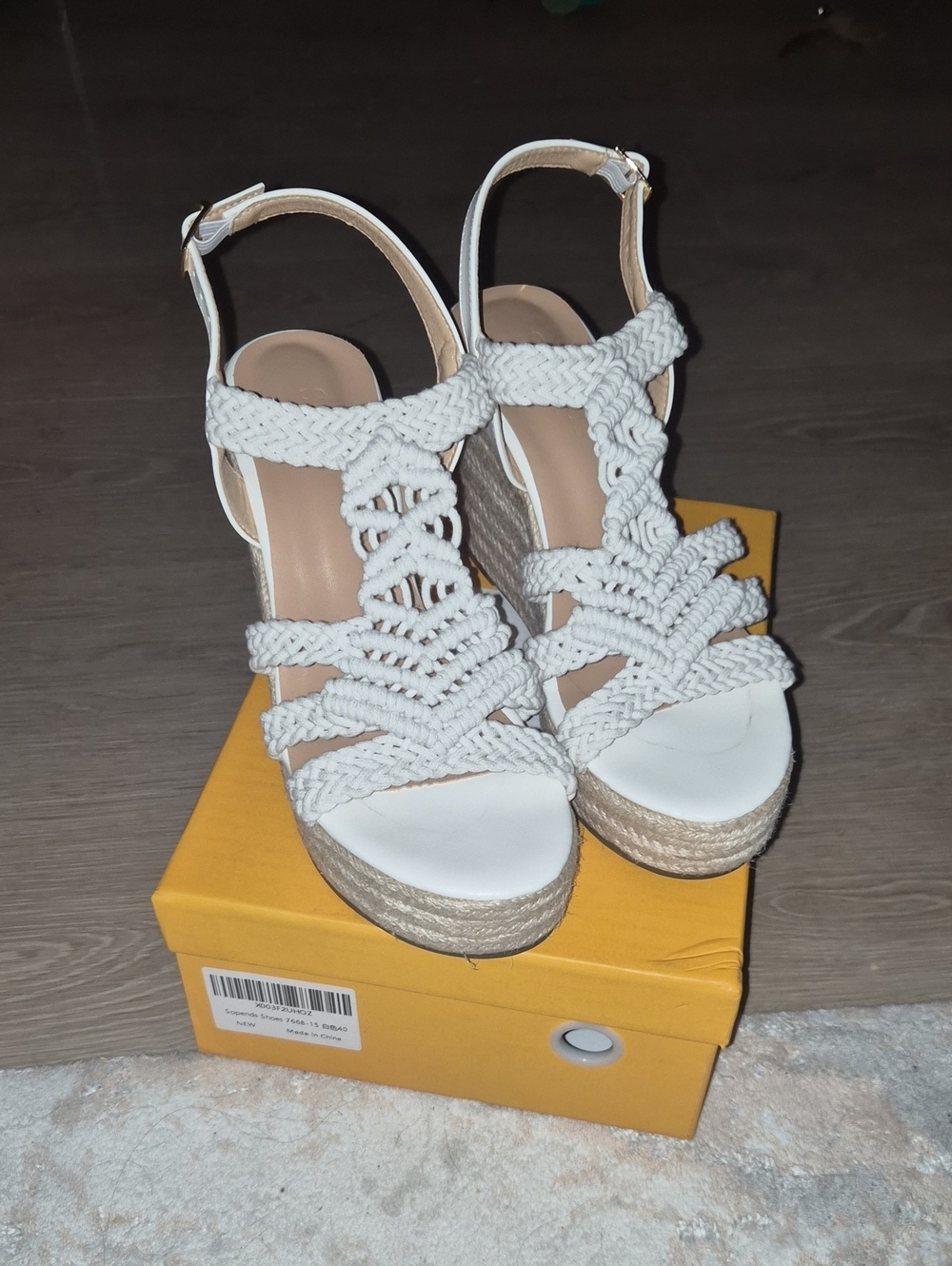 Sopends Women's White Braided Wedge Sandals - Adjustable Ankle Strap